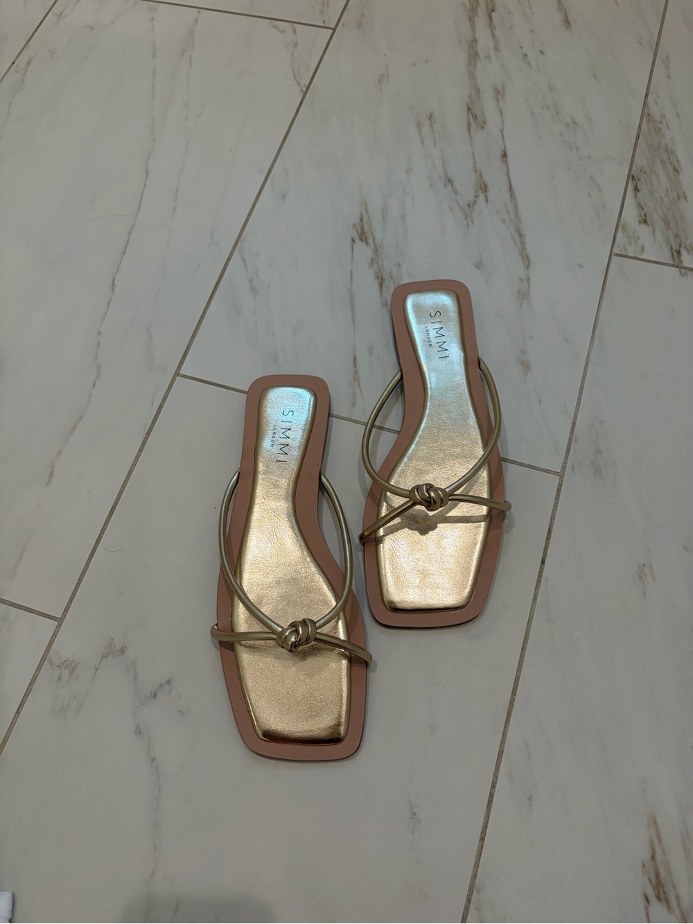 Metallic Gold Knot-Strap Square Toe Sandals - Women